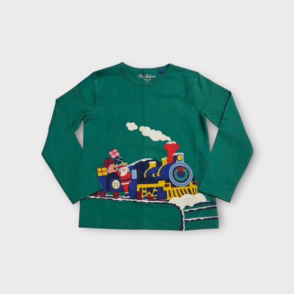 Mini Boden Christmas Train Long Sleeve Green Tee 6/7